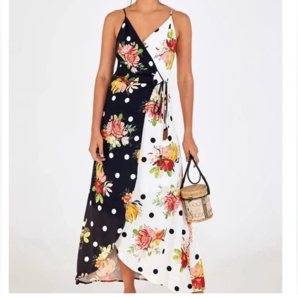 Farm rio banana Floral Polka Dot Maxi Dress - Black & White wrap dress